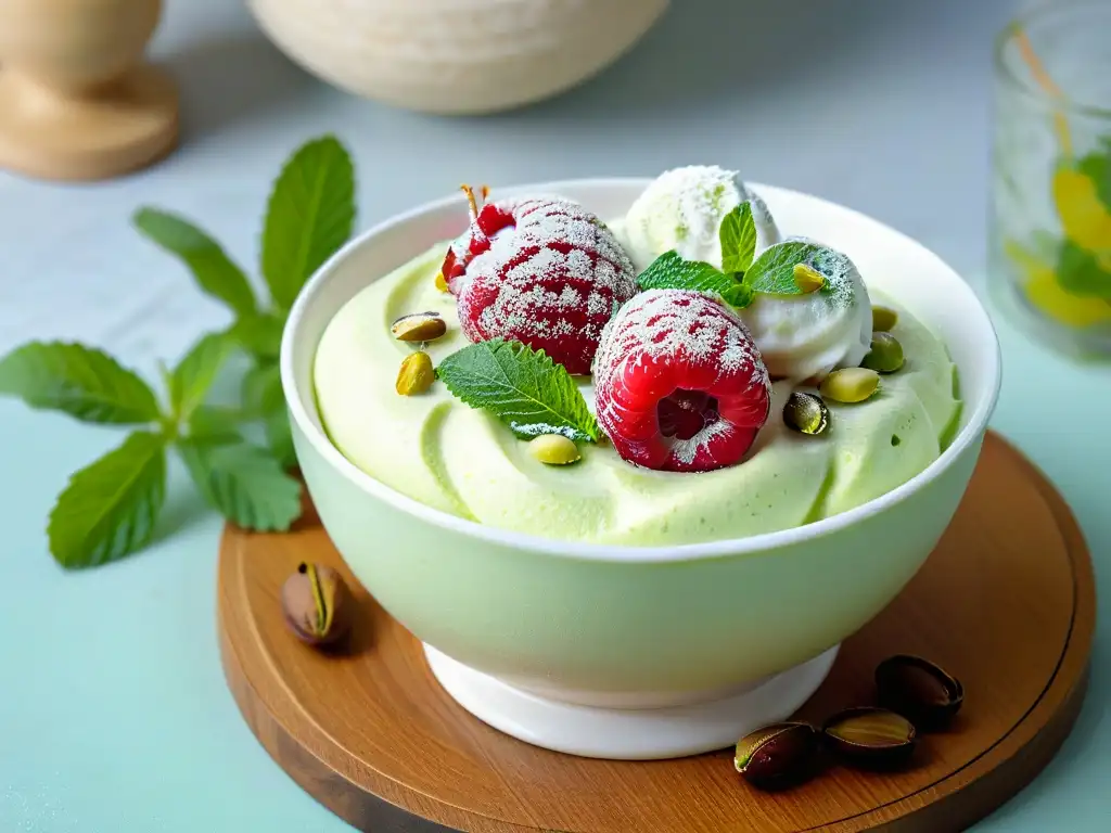 Delicioso sorbete de frambuesa con menta y pistachos en bol blanco, ideal para recetas helados caseros sin gluten