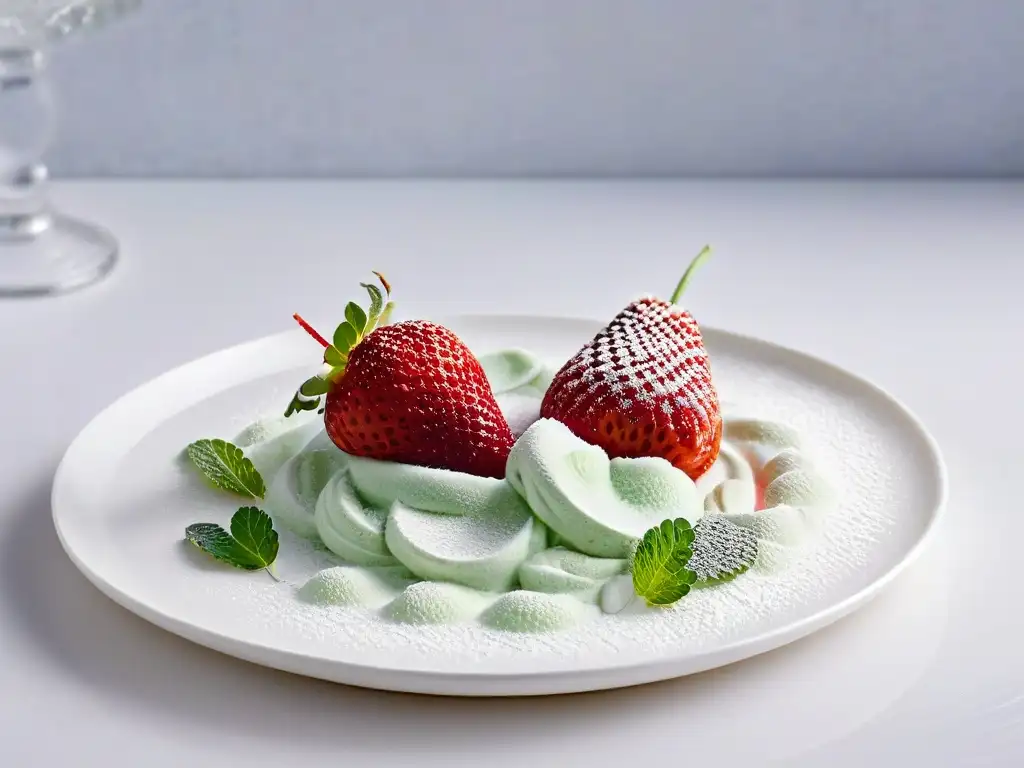 Sorbete de fresa con nitrógeno líquido: elegancia y sabor Delicioso sorbete de fresa con nitrógeno líquido en elegante presentación con menta y azúcar empolvada, ideal para recetas sorbetes nitrógeno líquido