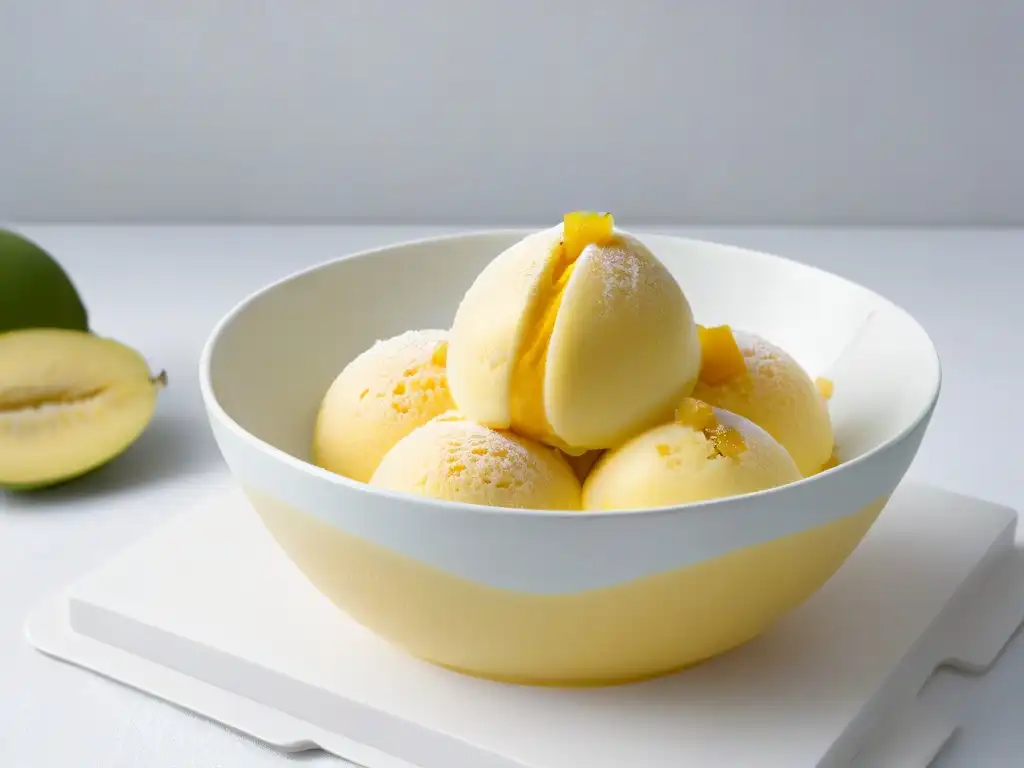 Delicioso sorbete de mango en plato blanco, con brillo y cristales de hielo