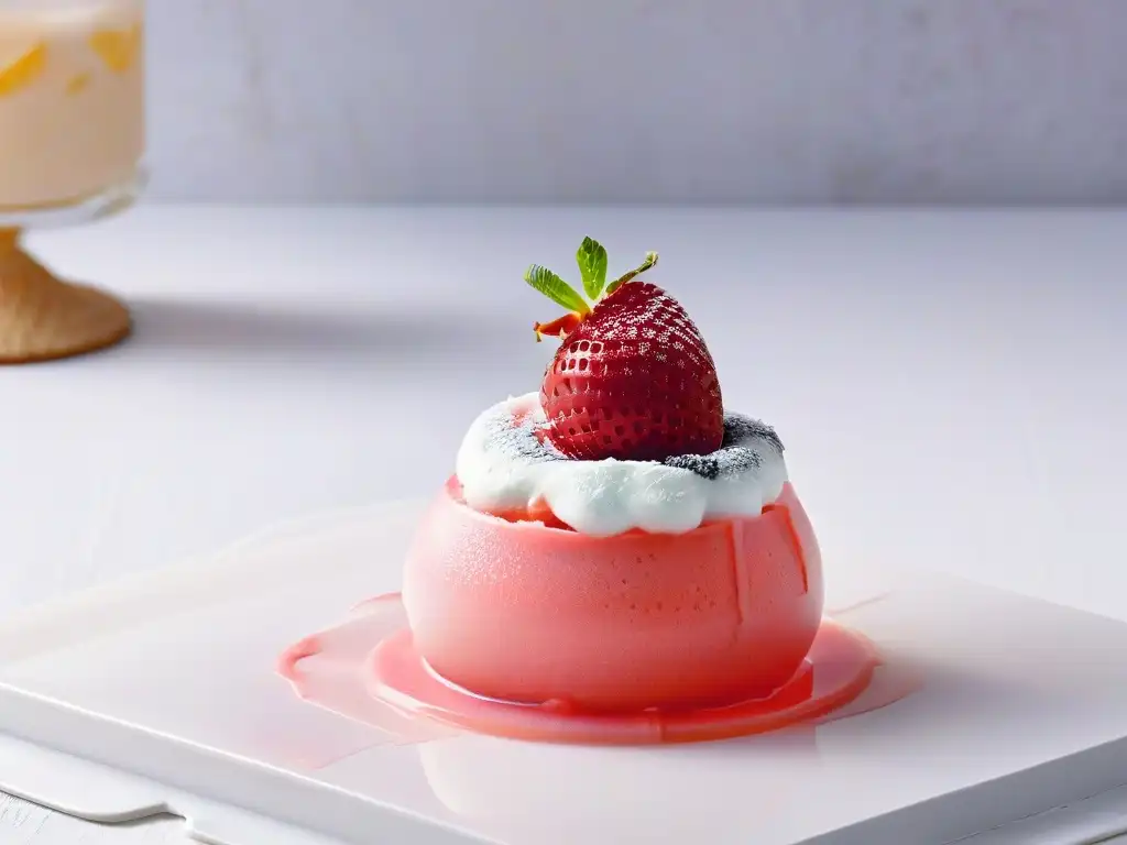 Delicioso sorbete de fresa en vaso de cristal Delicioso sorbete rosa en vaso de cristal con fresa y menta, elaborado con nitrógeno líquido