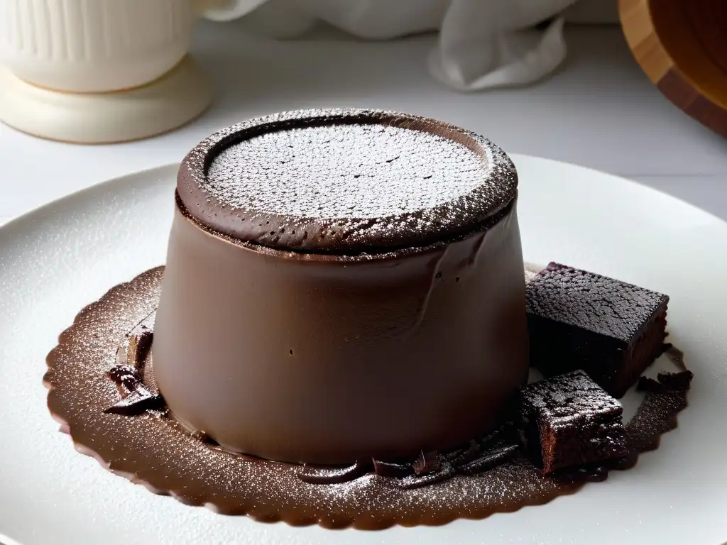 Delicioso soufflé de chocolate amargo recién horneado en plato blanco