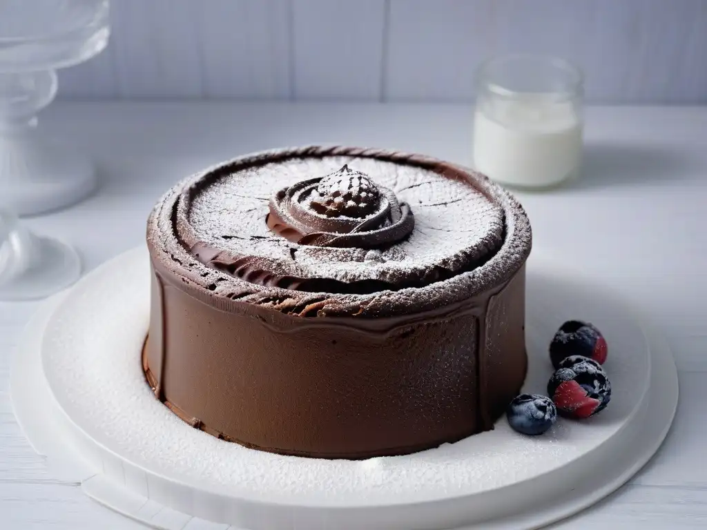 Delicioso soufflé de chocolate recién horneado con un toque invernal de azúcar glass, listo para saborear