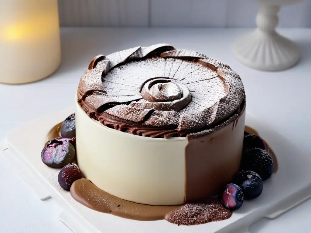 Delicioso soufflé de chocolate en ramekin blanco, con costra dorada y polvo de azúcar, en elegante cocina iluminada