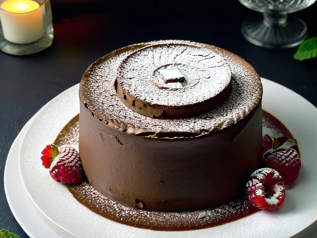 Delicioso soufflé de chocolate con un toque invernal: esponjoso postre con frambuesas y menta fresca en plato blanco