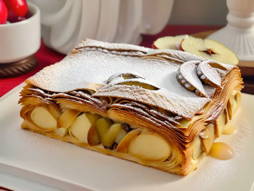 Delicioso strudel de manzana con capas de hojaldre, manzanas especiadas y canela