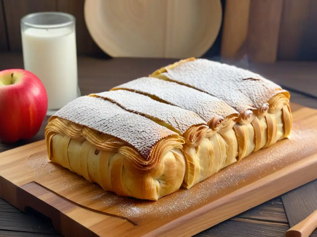 Delicioso strudel de manzana recién horneado: detalle ultradetallado Delicioso strudel de manzana dorado, espolvoreado con azúcar glass, en plato de madera rústico