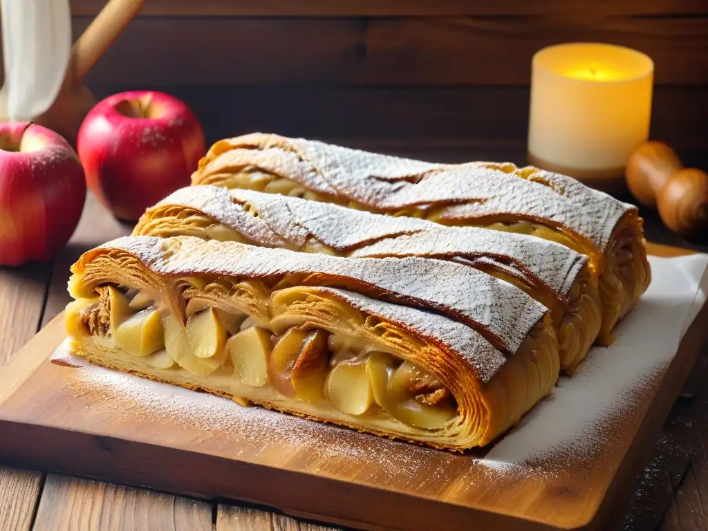 Delicioso strudel de manzana recién horneado en mesa rústica Un delicioso strudel de manzana recién horneado sobre una mesa de madera rústica, espolvoreado con azúcar glas