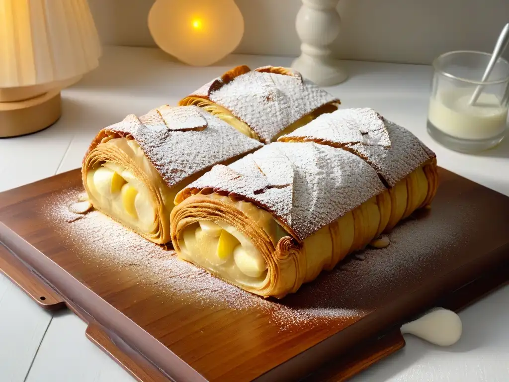 Delicioso strudel de manzana recién horneado con helado de vainilla Delicioso strudel de manzana recién horneado con helado de vainilla, en una mesa de madera rústica