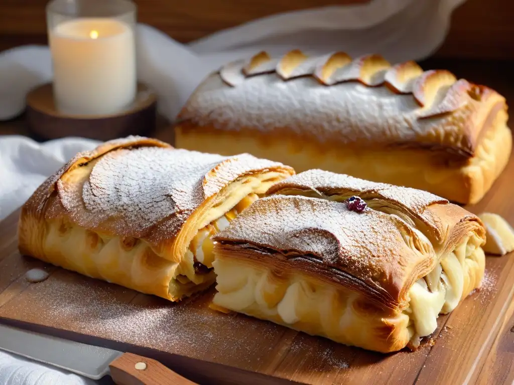 Delicioso strudel de manzana recién horneado en mesa rústica Delicioso strudel de manzana recién horneado en mesa rústica con vista a campo austriaco
