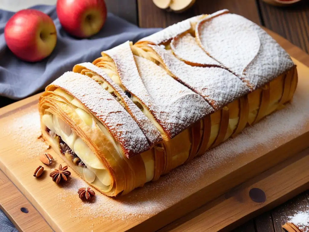Delicioso strudel de manzana recién horneado Delicioso strudel de manzana recién horneado, con capas de masa crujiente y relleno de manzanas, pasas y canela