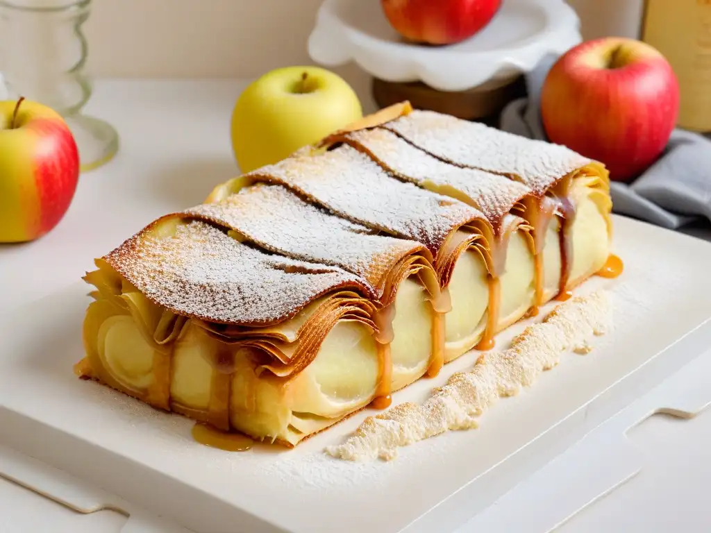 Delicioso strudel de manzana recién horneado con capas de masa crujiente y manzanas con canela