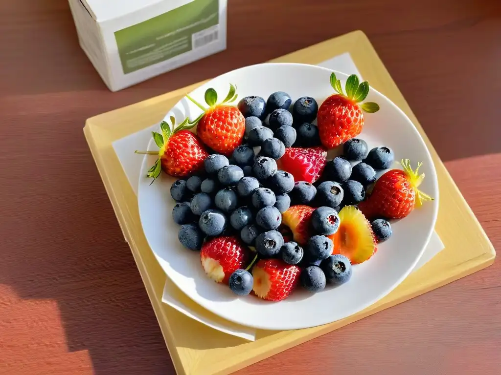 Delicioso surtido de frutas frescas como fresas, arándanos y frambuesas sobre un plato blanco, perfectas como snacks dulces diabéticos saludables