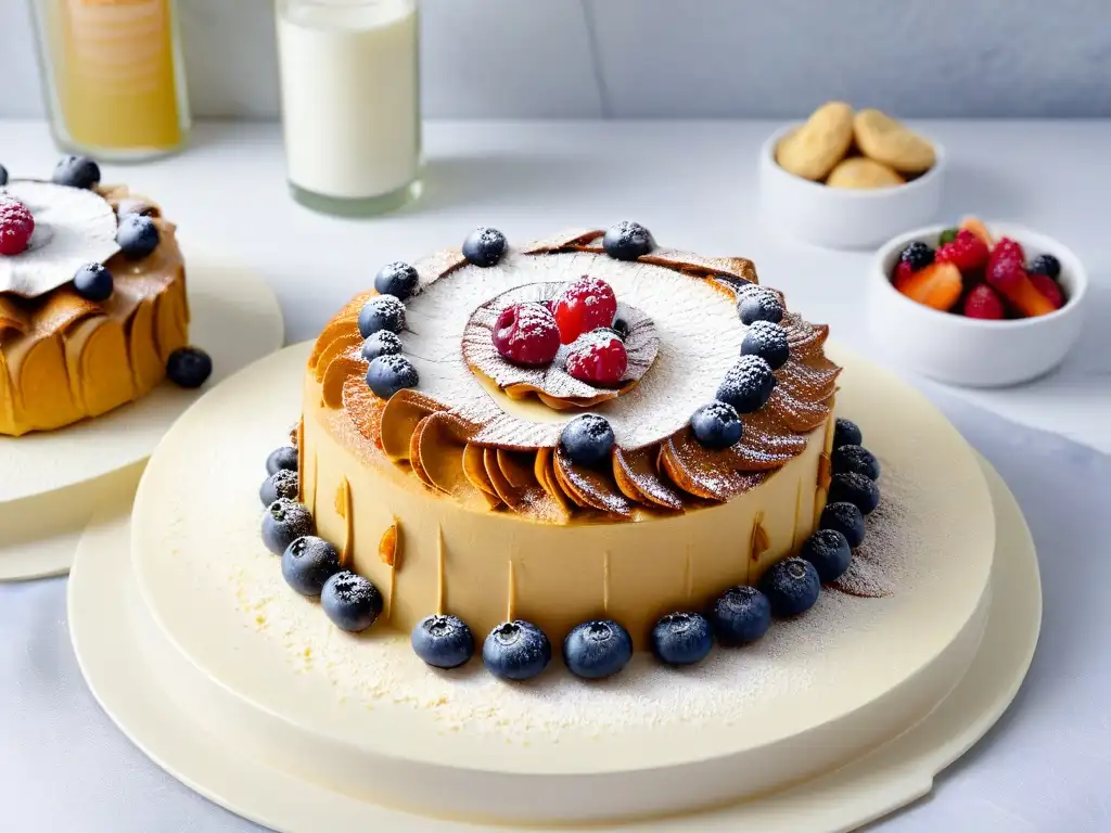 Delicioso surtido de repostería sin gluten con harina de almendras, adornado con frutas frescas y almendras