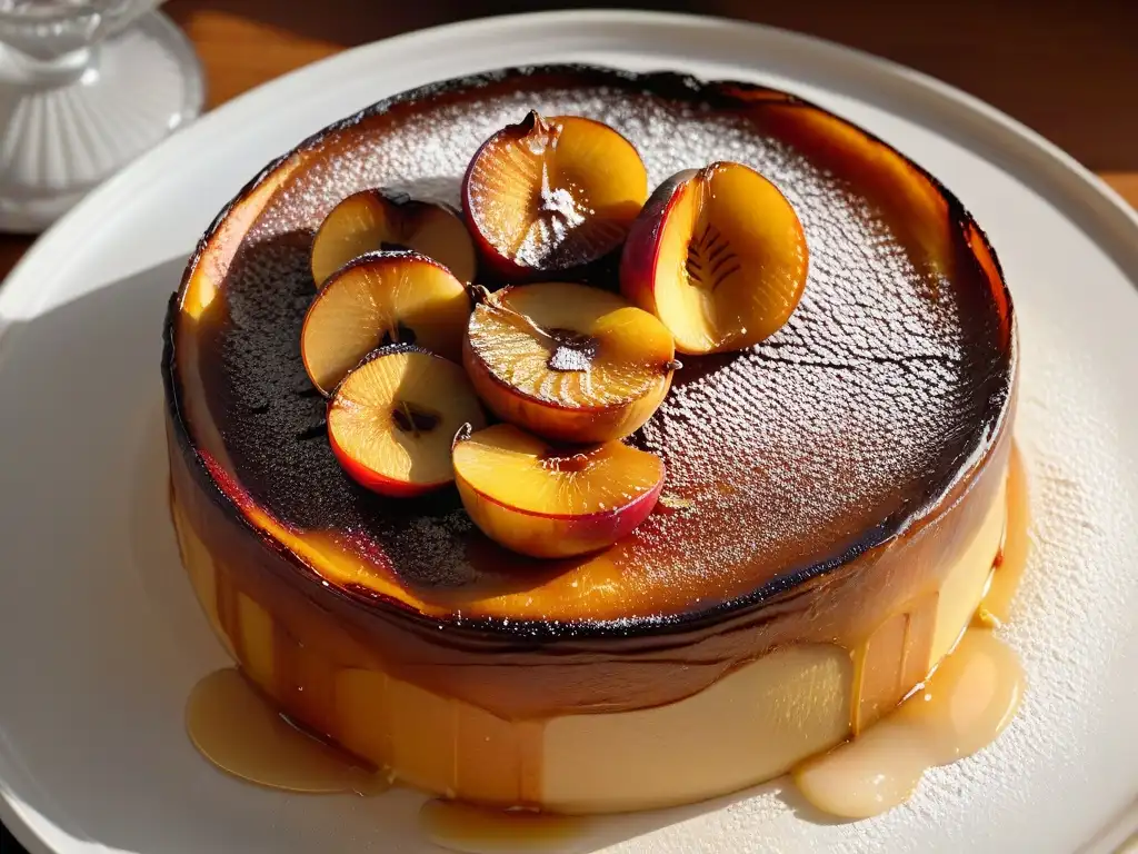 Un delicioso Tarta Tatin dorado con manzanas caramelizadas y miel, en un elegante plato negro