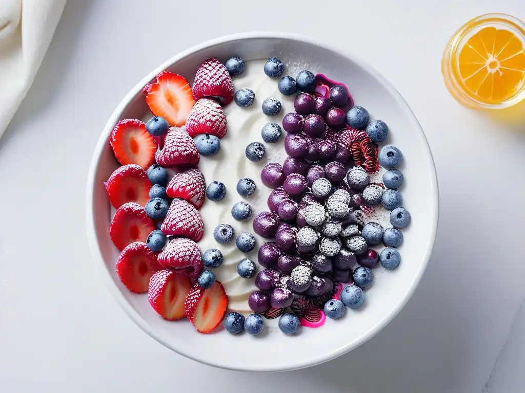 Delicioso tazón de açaí con frutas frescas y granola, sobre mármol blanco