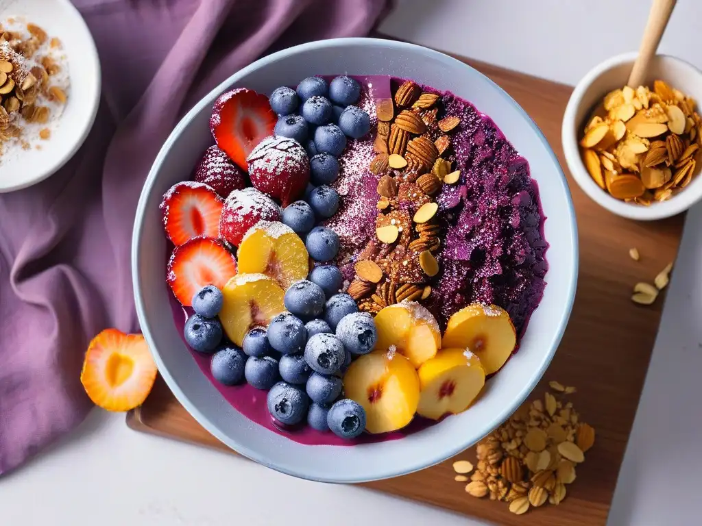 Delicioso tazón de açaí con frutos rojos, granola y coco