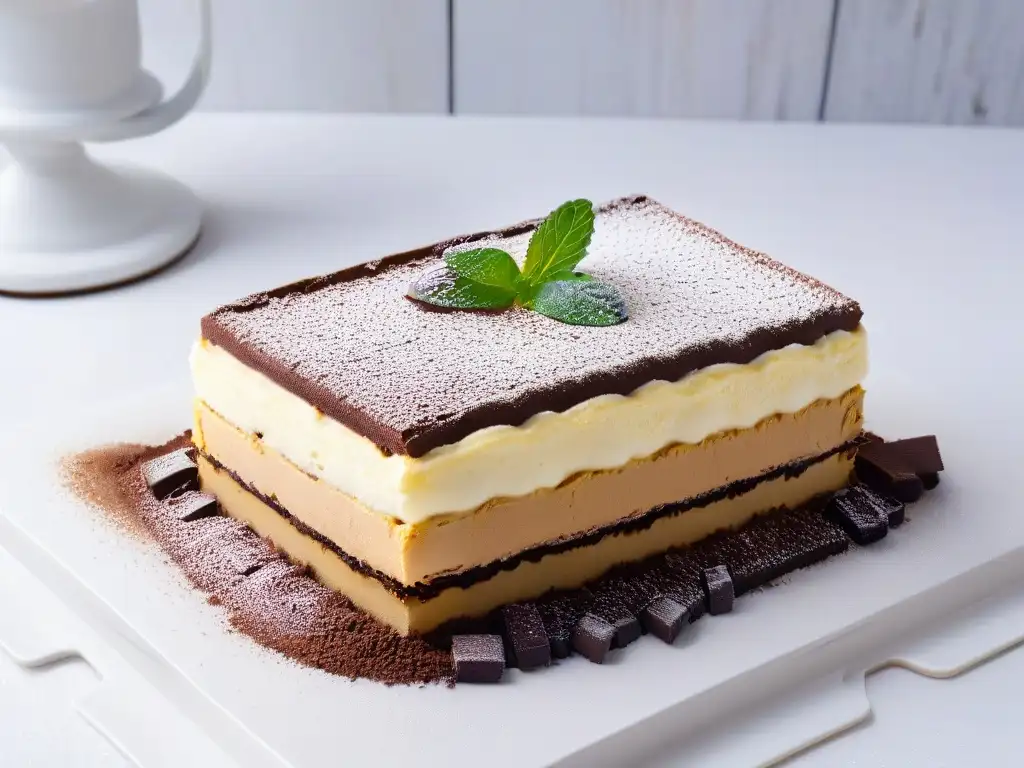 Delicioso tiramisú casero con auténtico mascarpone, capas de bizcochos empapados en café y cacao en polvo, decorado con menta fresca y espresso