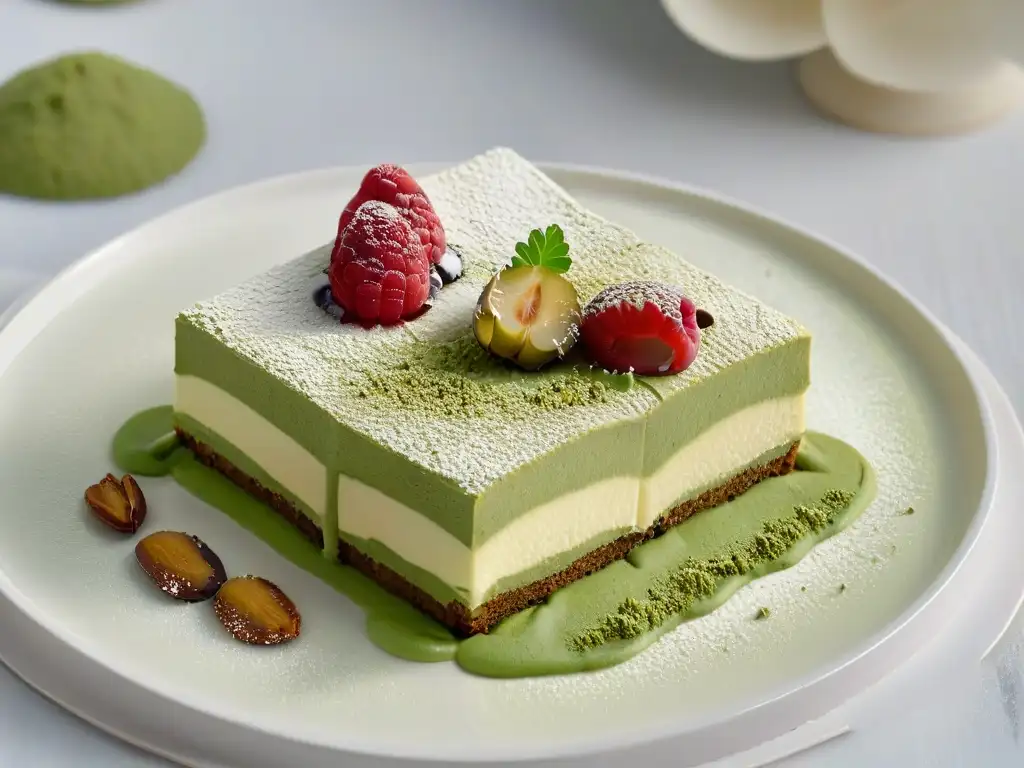 Delicioso tiramisú de matcha receta gourmet, con capas cremosas y detalles exquisitos en un plato moderno