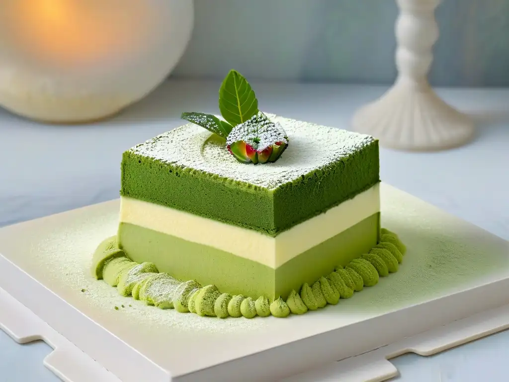 Delicioso Tiramisú de matcha receta gourmet en un plato blanco minimalista, resaltando sus capas y texturas exquisitas