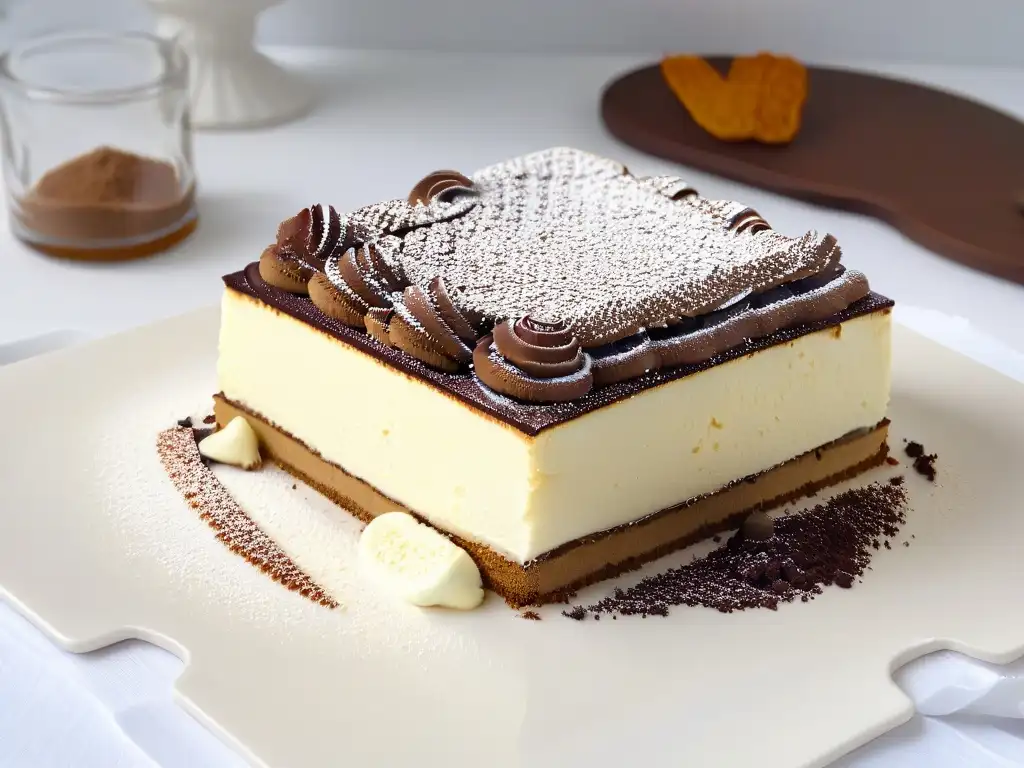 Delicioso Tiramisú con quesos exquisitos en repostería, servido en plato blanco