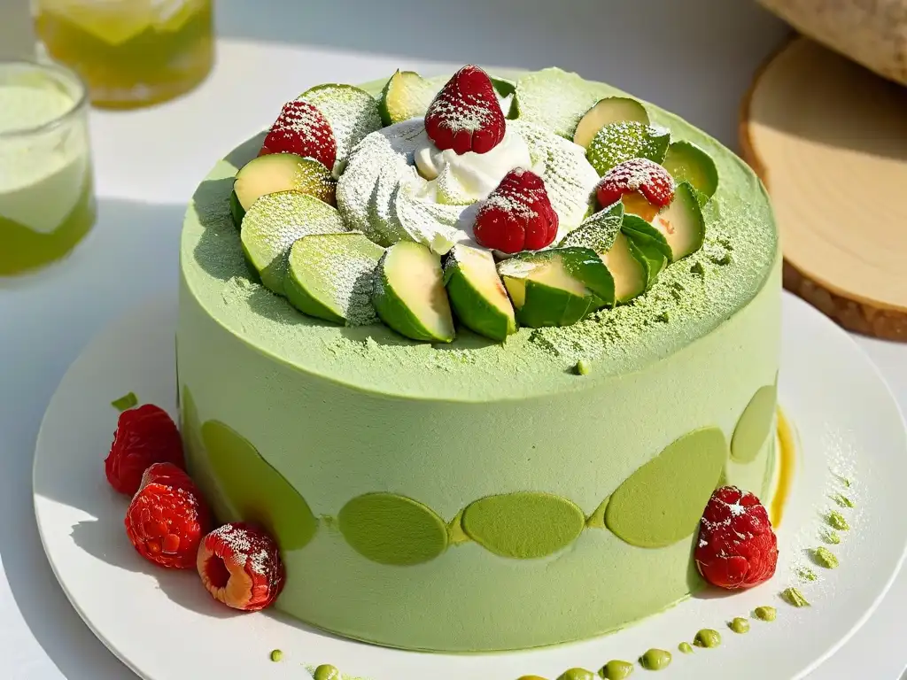 Délicado tiramisú vegano de matcha con cashew cream y frambuesas Delicioso tiramisú vegano de matcha con capas esponjosas de bizcocho, crema de anacardos y polvo de matcha, adornado con frambuesas y hojas de menta, bañado en sirope de agave