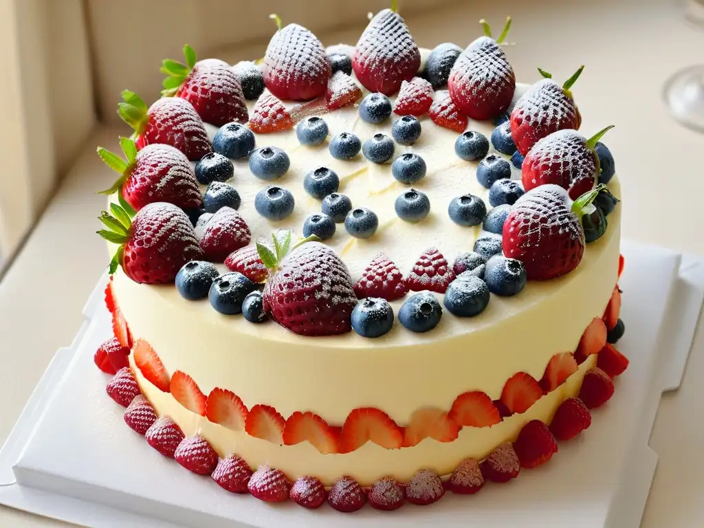 Delicioso trifle de frutos rojos primavera con capas de fresas, frambuesas y arándanos, esponjoso bizcocho y cremosa crema