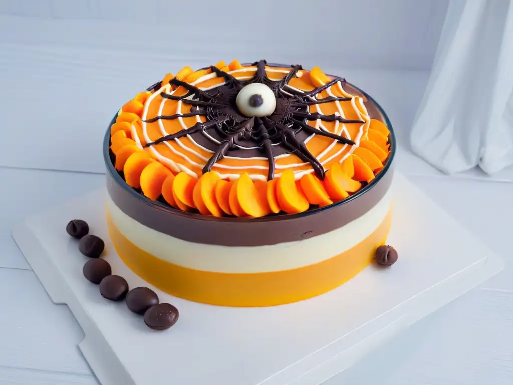 Delicioso trifle Halloween negro y naranja con diseño de telaraña de chocolate y ojo de caramelo