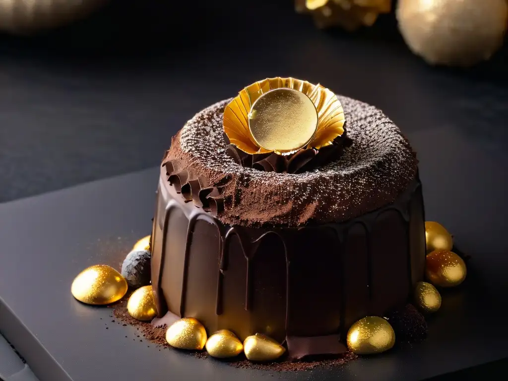 Delicioso trufa de chocolate belga y suizo con destellos de oro Delicioso trufa de chocolate belga y suizo en contraste sobre fondo negro elegante