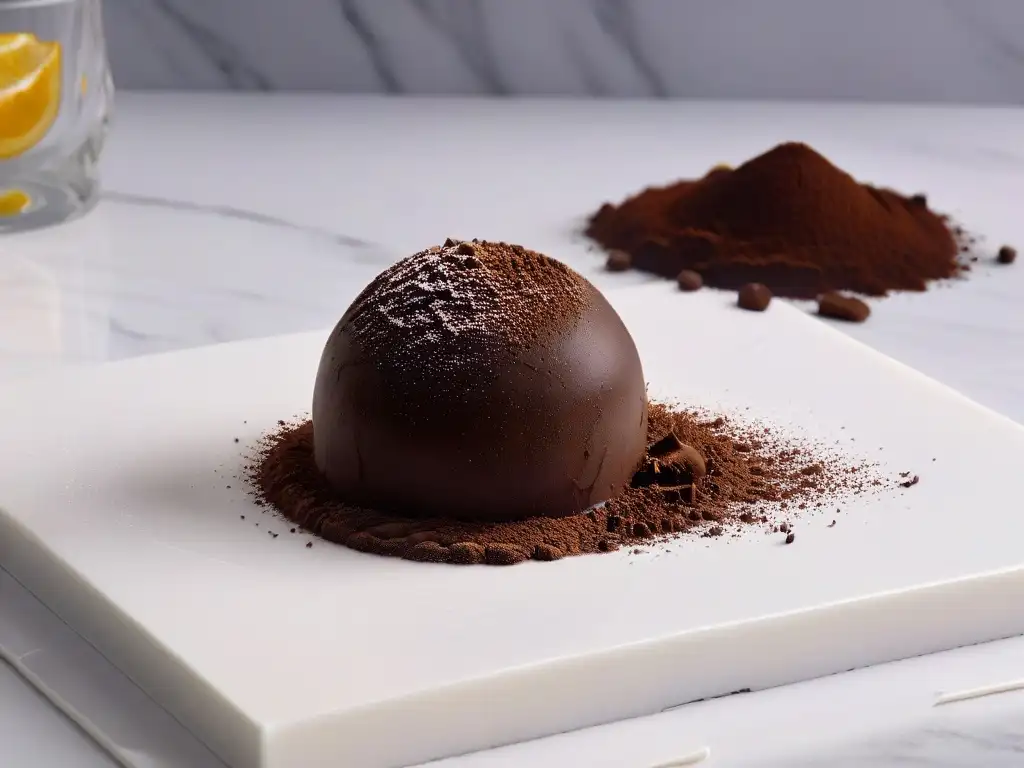 Delicioso trufa de chocolate rodando en cacao en elegante encimera de mármol, ideal para recetas aprovechamiento sobras chocolate