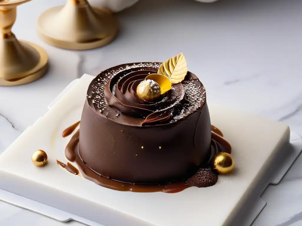 Delicioso trufa de chocolate con detalles en oro comestible en mármol moderno