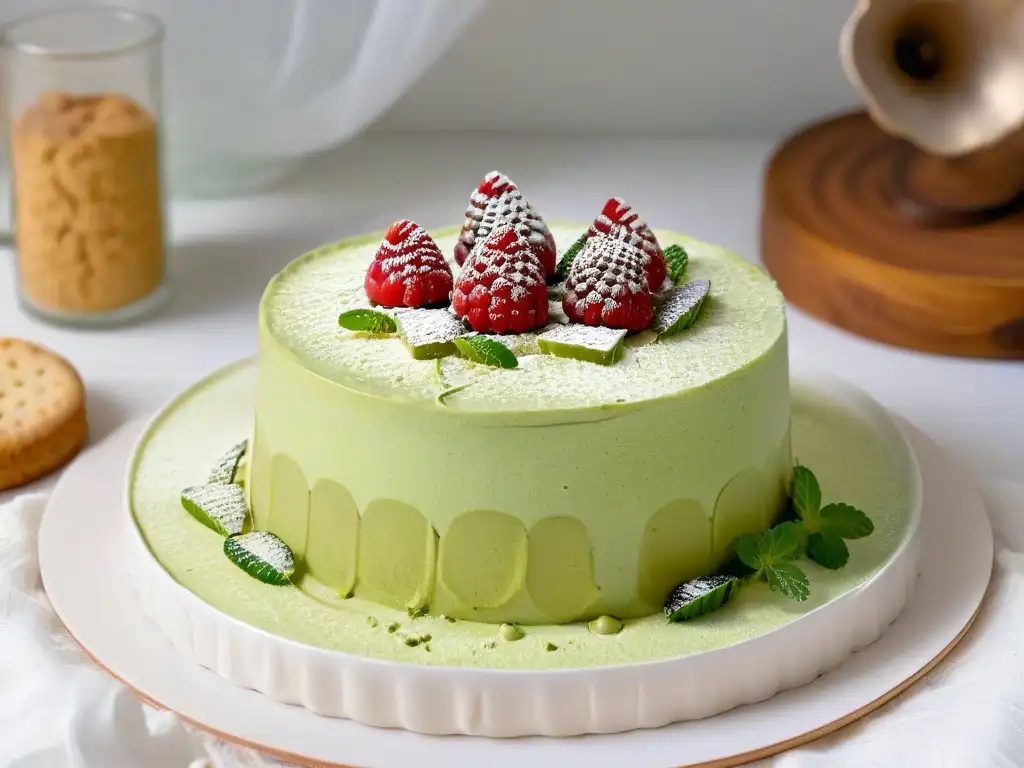 Delicioso tiramisú de té verde matcha con mascarpone esponjoso y bizcochos empapados en sirope de té verde, decorado con frambuesas y menta fresca