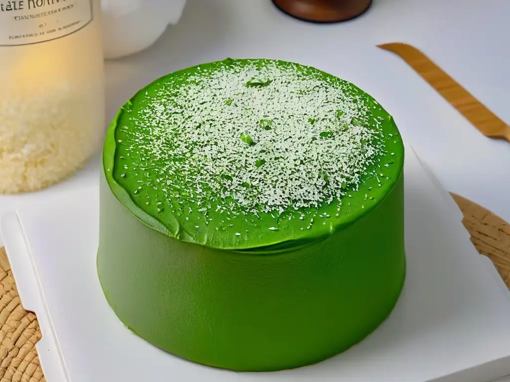 Delicioso klepon verde con palma dulce oozing, cubierto de coco rallado