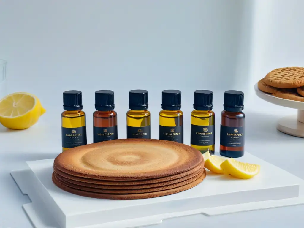 Deliciosos aceites esenciales para repostería saludable en una elegante composición con galletas recién horneadas