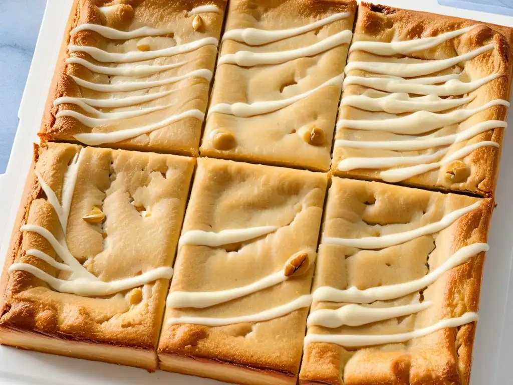 Deliciosos blondies caseros con chocolate blanco y nueces en mármol moderno