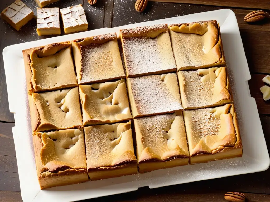 Deliciosos blondies caseros con trozos de chocolate blanco y nueces, espolvoreados con azúcar glass en una bandeja dorada sobre una mesa rústica