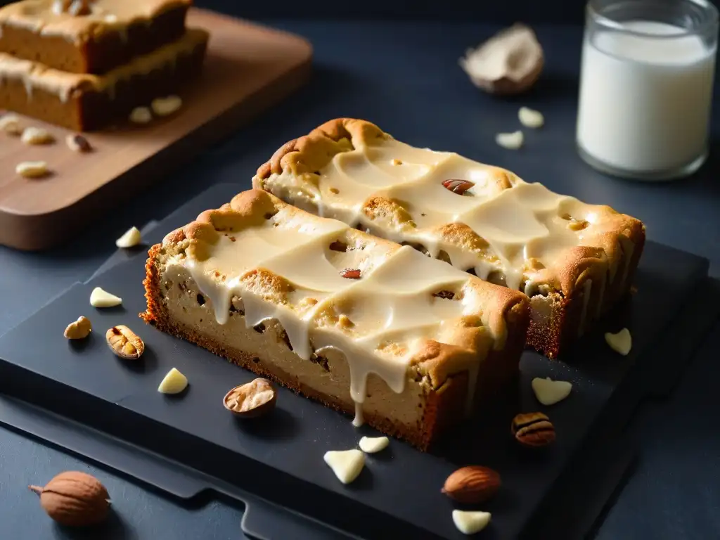 Deliciosos blondies caseros con trozos de chocolate blanco y nueces en un plato negro, receta fácil