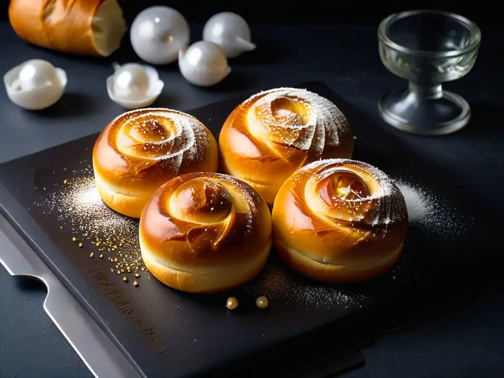 Deliciosos bollitos de brioche con azúcar perlado, contrastando en fondo oscuro