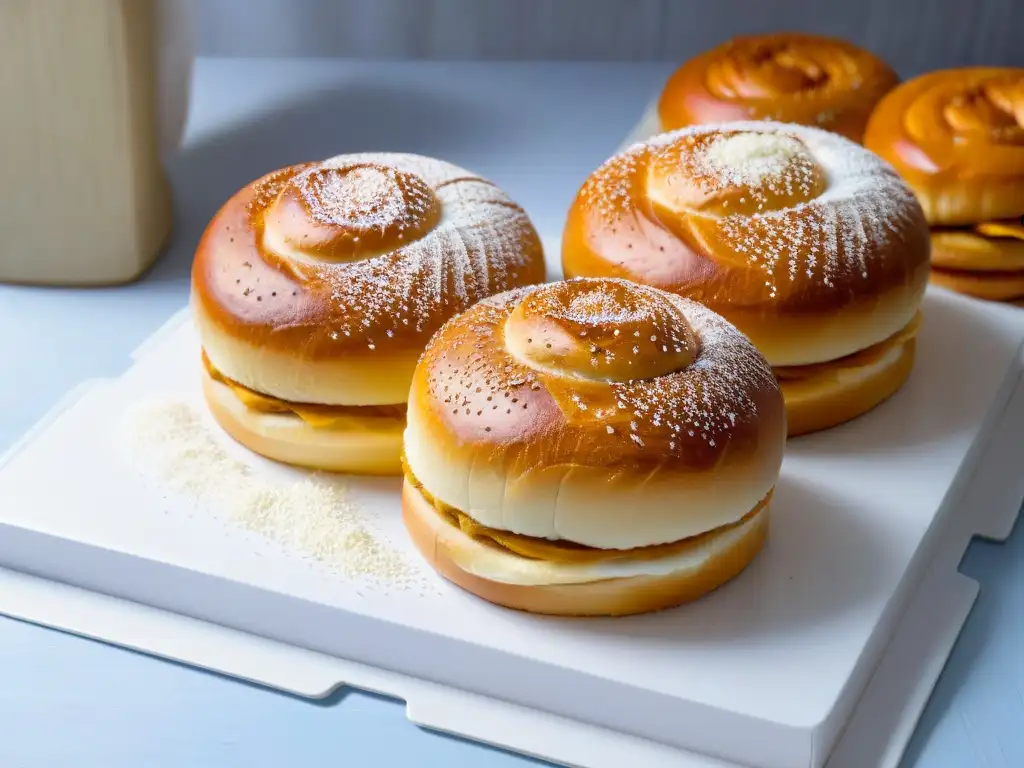 Deliciosos bollos de brioche recién horneados con azúcar perlado dorado, ideal para recetas con azúcar perlado