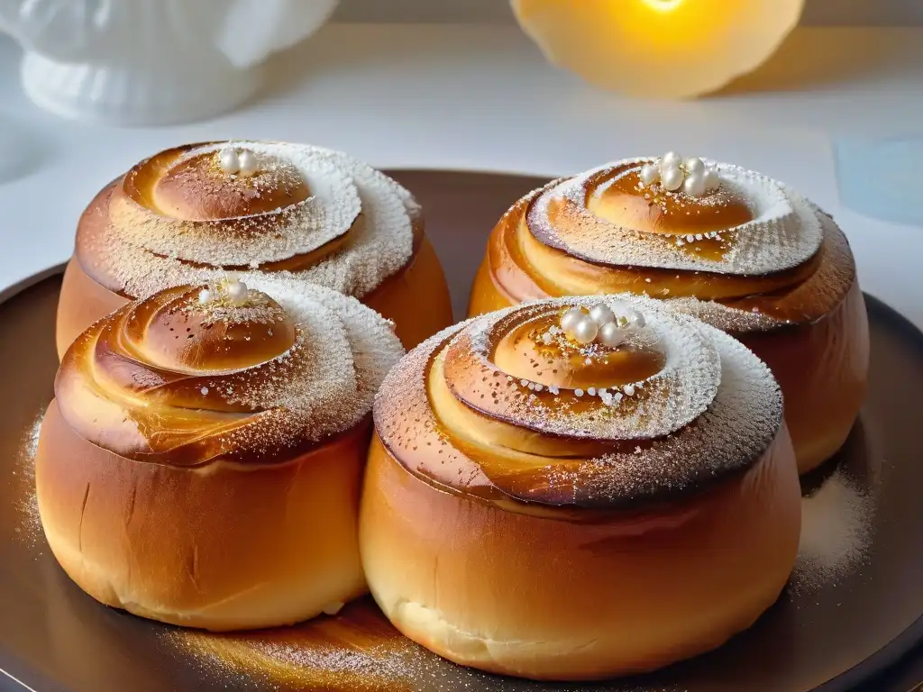 Deliciosos bollos de brioche recién horneados con azúcar perlado, en una presentación elegante