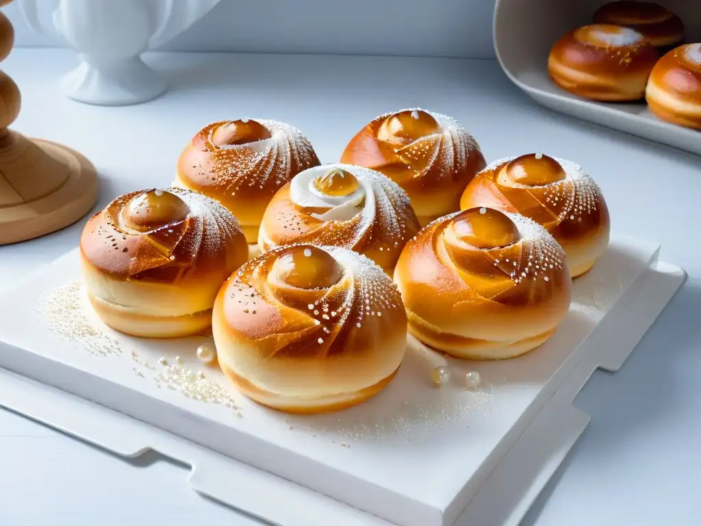 Deliciosos bollos de brioche recién horneados con azúcar perlado, en un plato blanco moderno