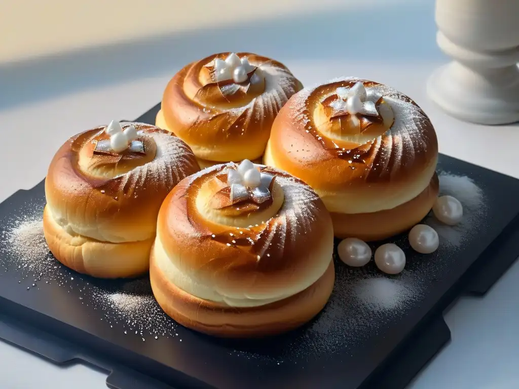 Deliciosos bollos recién horneados con azúcar perlado, sobre un elegante plato negro