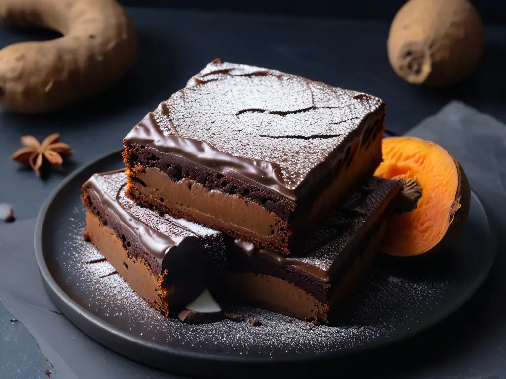 Deliciosos brownies de batata: textura fudgy y presentación elegante Deliciosos brownies de batata con chocolate, una tentadora y saludable receta casera