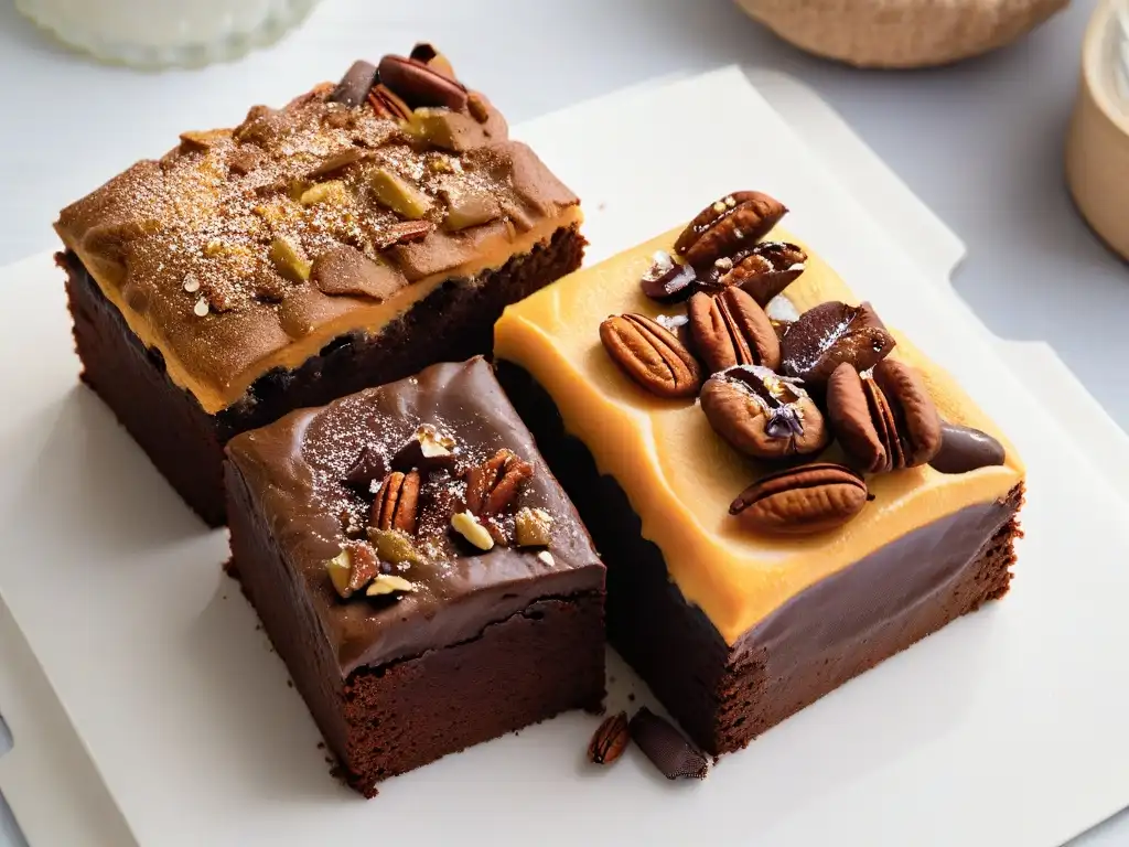 Dulces brownies de batata recién horneados: textura rica y tentadora Deliciosos brownies de batata saludables, recién horneados, con trozos de batata, cacao y nueces, bañados en luz natural