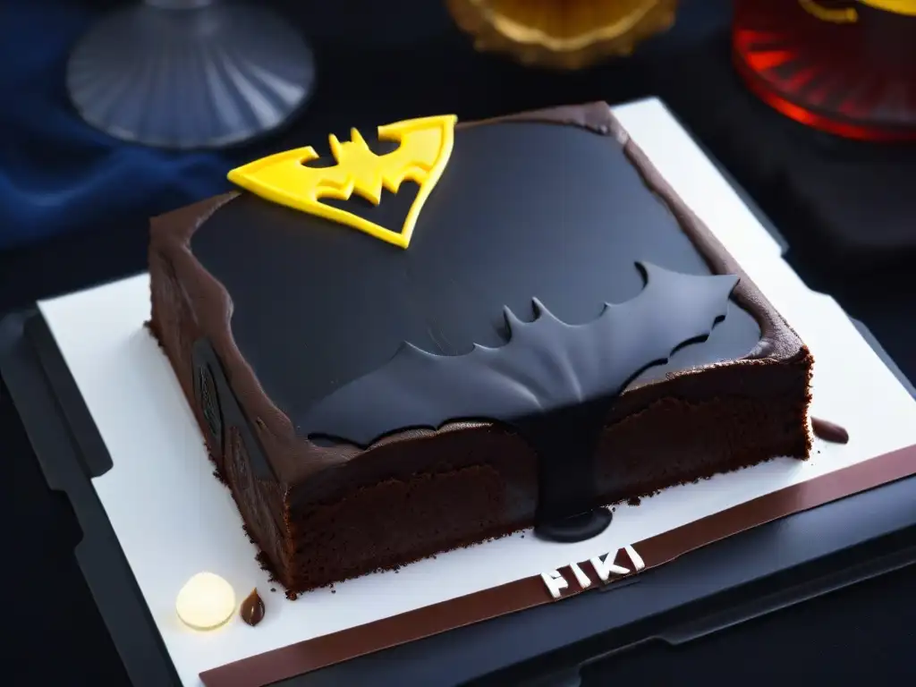 Deliciosos brownies con logo de Batman en plato negro, listos para una noche de películas de superhéroes