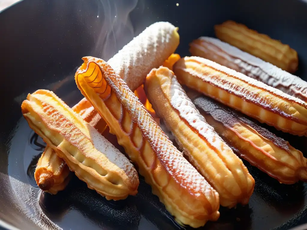 Deliciosos churros dorados fritándose en aceite burbujeante, mostrando su crujiente exterior y su suave interior