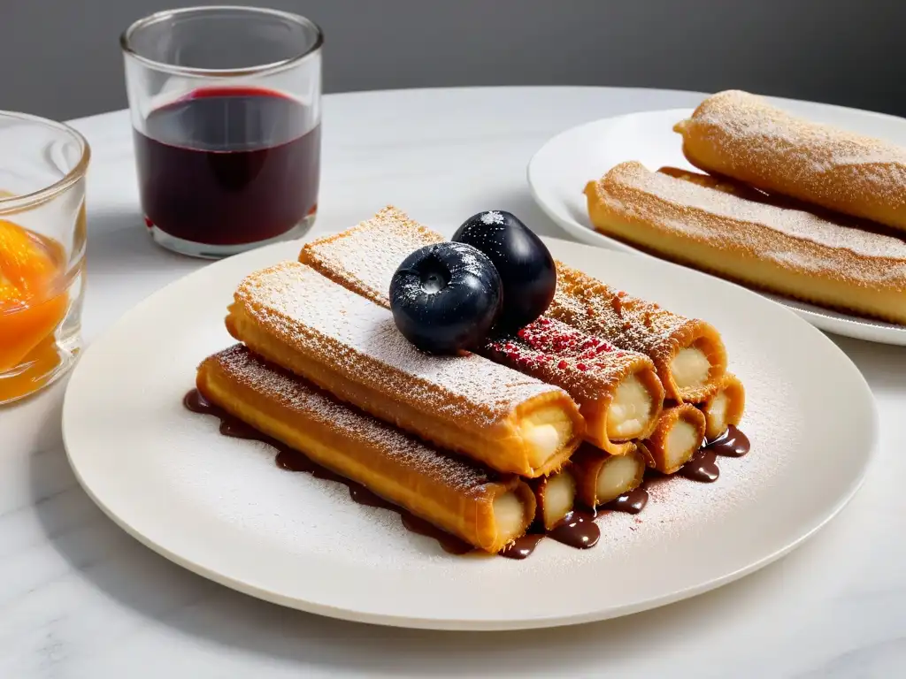 Deliciosos churros rellenos con dulce de leche, chocolate y compota de frutas en una elegante presentación sobre mármol blanco