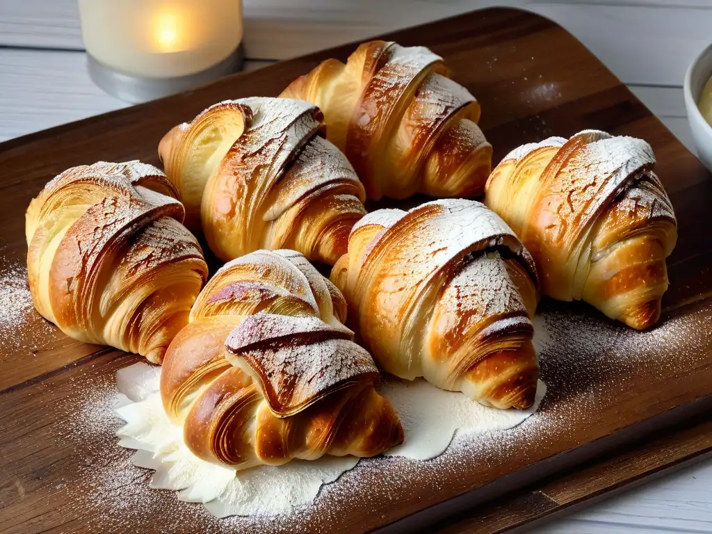 Deliciosos croissants dorados descansando en mesa de madera rústica con técnicas de laminado para hojaldres