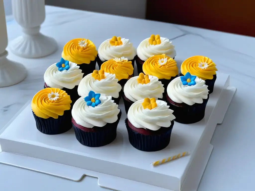 Deliciosos cupcakes y galletas decorados en una mesa de mármol blanco