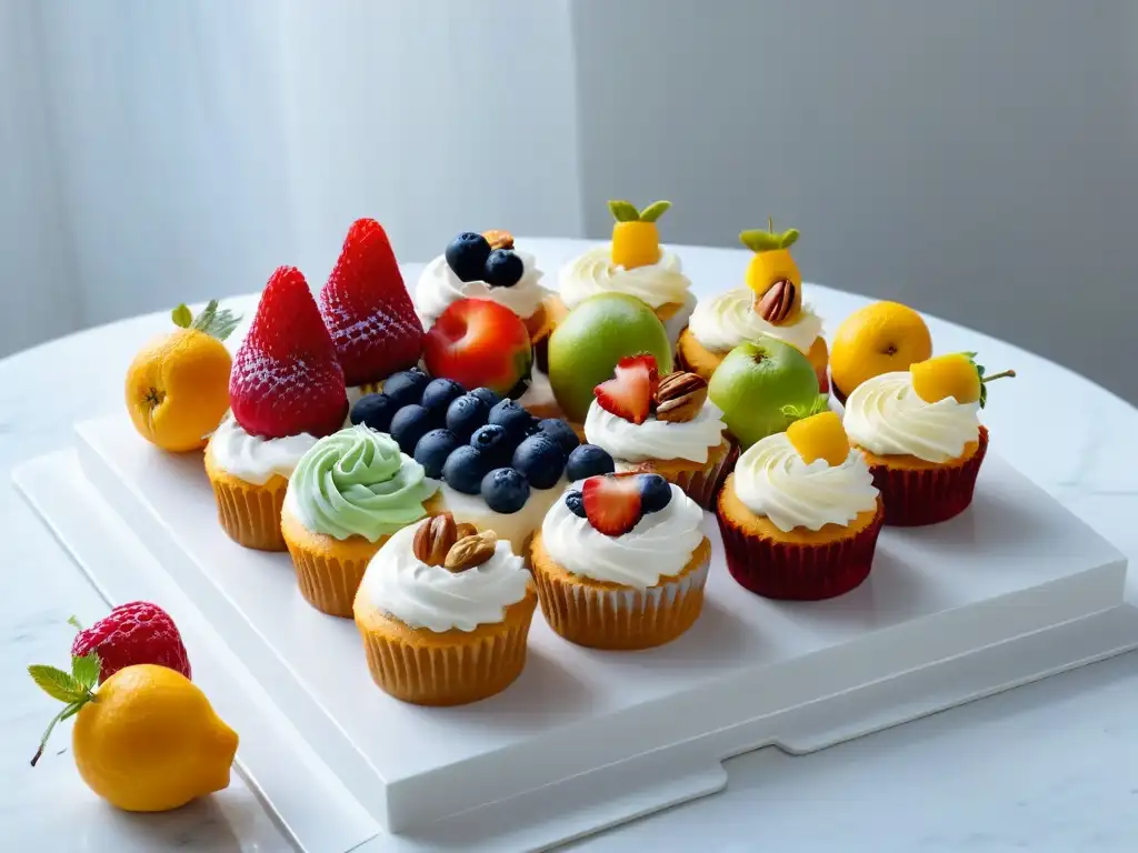 Deliciosos cupcakes saludables para niños, decorados con frutas y frutos secos, sobre una encimera de mármol blanco