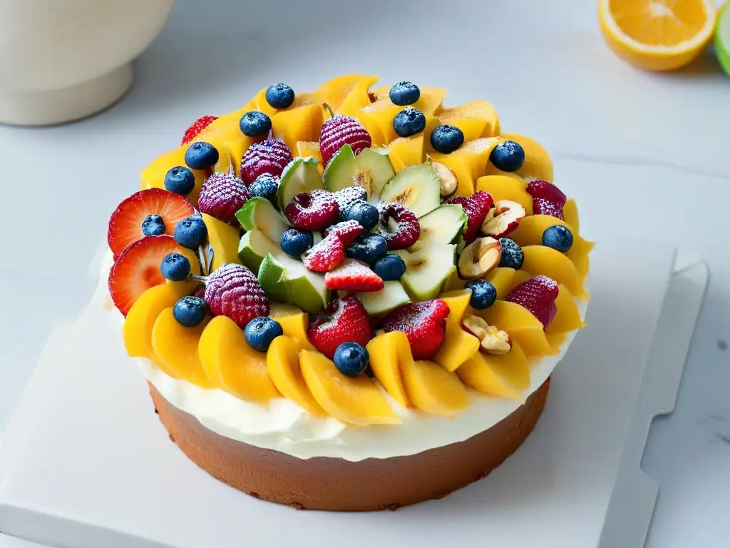 Deliciosos cupcakes veganos coloridos con frutas y frutos secos, en un patrón circular